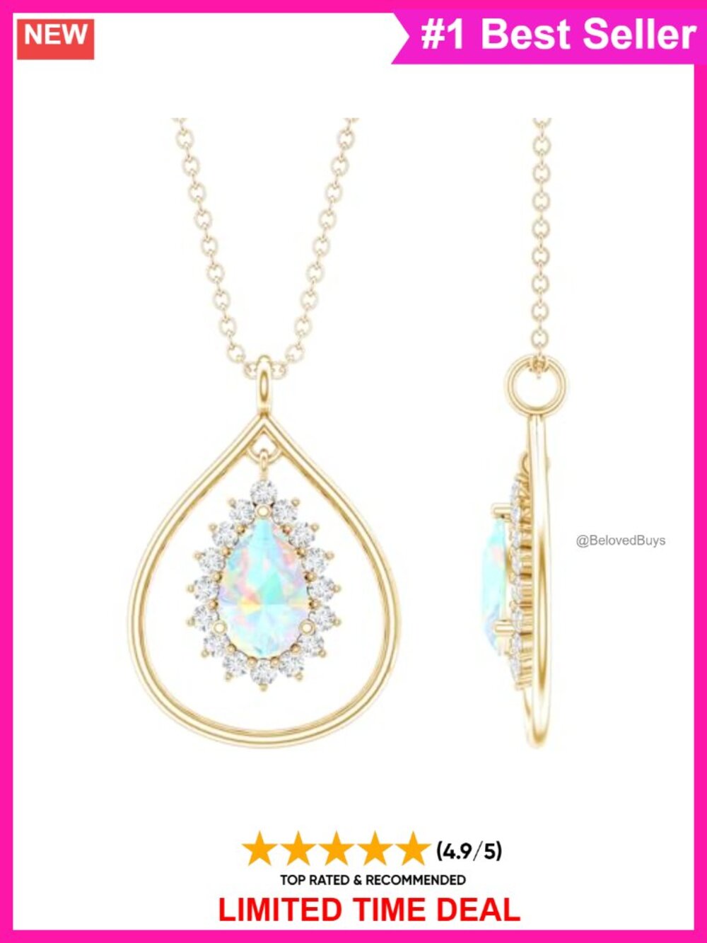 Ethiopian Opal Diamond Teardrop Pendant Necklace Gold Plated Silver